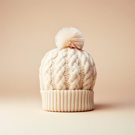 the cream-colored knitted hat sits elegantly in the empty white space, showcasing its intricate texture and soft, warm tones, evoking feelings of coziness and winter wonder, perfect for fashion enthusiasts and still life photography lovers alike, highlighting the beauty of minimalist composition and neutral color palette. ai generatedの素材