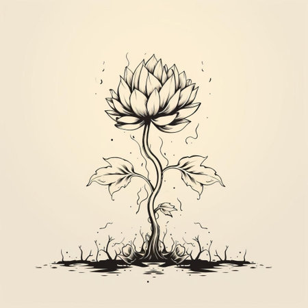 the lotus, an ancient symbol of spiritual growth, is beautifully depicted in this stunning black and white illustration, featuring a wide cracked trunk, rendered in a vintage style with simple yet elegant flat design lines, perfect for those who appreciate minimalist art and nature-inspired designs. ai generatedの素材