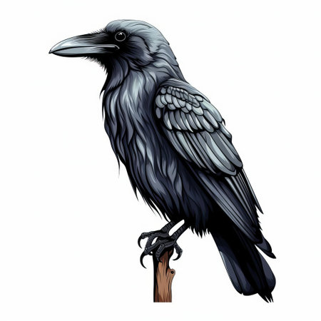 the raven, majestically perched on a branch, is beautifully illustrated in minimalistic whimsical clipart drawings, showcasing its mysterious beauty against a pristine white background, with intricate black sketch colors that evoke a sense of mystique and sophistication, perfect for art enthusiasts and nature lovers alike. ai generatedの素材