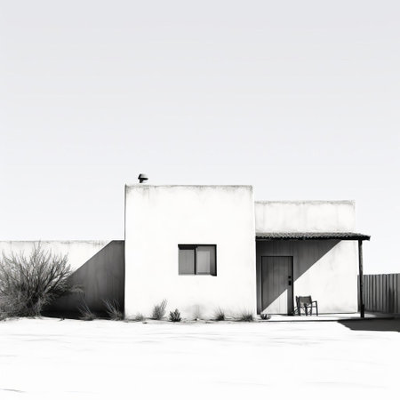 the minimalist adobe structure is depicted with a limited number of lines, creating a striking black and white image. the simplicity of the design highlights the architectural details of the adobe building, making it a captivating piece of art. ai generatedの素材