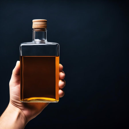a whiskey bottle stands out against a plain navy background, its empty white label waiting for customization, grasped firmly by a passenger's hand, showcasing a high-detailed, ready-made mockup perfect for liquor branding, product photography, and advertising designs. ai generatedの素材