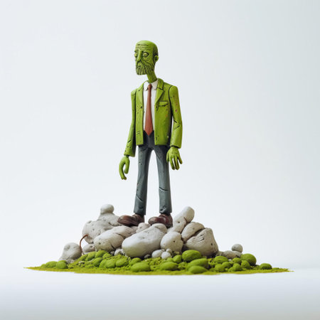 this eerie zombie figurine, reminiscent of evgeni gordiets' and clemens ascher's inventive character designs, stands proudly on a white isolated background, showcasing its intricately detailed, spiky mounds, evoking the dark, concrete art style of didier lourenco, in a hauntingly beautiful full-body close-up. ai generatedの素材