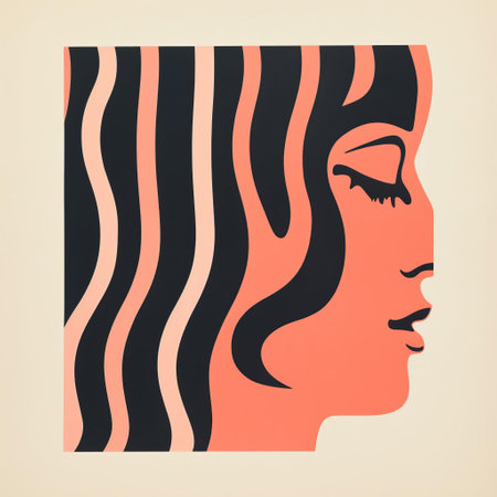 a female head silhouette is depicted in this isolated beige pink stock vector illustration. the illustration is created in the style of bold block prints, featuring vibrant orange and black colors. it evokes a mid-century aesthetic, reminiscent of vintage poster designs from the 1970s. the composition includes eye-catching details such as stripes and shapes, adding visual interest to the artwork. ai generatedの素材