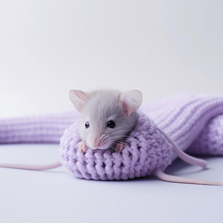 the vibrant violet knitted mouse, meticulously crafted with intricate details, takes center stage in this stunning still life photograph, set against a pristine white background, evoking a sense of simplicity and elegance, perfect for fans of textile art, knitting, and whimsical home decor inspiration. ai generatedの素材