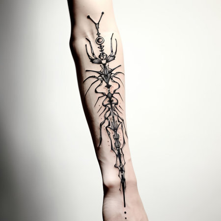 the stick insect tattoo design, intricately illustrated in black and white, showcases the insect's unique features, perfect for coloring enthusiasts and tattoo artists seeking inspiration for their next design, featuring a 2:2 aspect ratio for easy printing and customization. ai generatedの素材