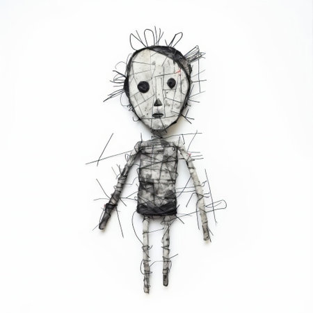 the abstract art doll, crafted from a medley of random pencil doodle lines and intriguing textures, pops against a pristine white background, exuding a mesmerizing blend of modern art, expressionism, and whimsical creativity, perfect for art enthusiasts and fans of avant-garde design. ai generatedの素材