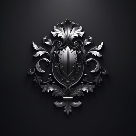 an ornate shield with rococo ornamental details, showcased on a black background. this shield, created in the style of ray tracing, features a minimalistic composition with dark silver tones. the intricate design includes detailed foliage and texture-rich compositions, reminiscent of security camera art. ai generatedの素材