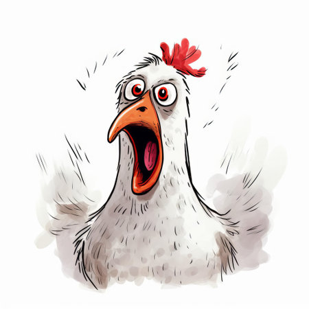 the cartoon chicken, with its simplistic and playful design, stands out against a crisp white background, showcasing a humorous and whimsical take on the classic farm animal, perfect for adding a touch of lighthearted humor to any digital project or social media post, featuring cartoon art, illustration, and quirky character design. ai generatedの素材
