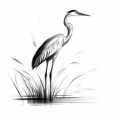 a majestic heron stands elegantly in a minimalist composition, its slender body and long neck accentuated by a thick, expressive line, rendered in a beautiful sketch style, showcased in a side view against a pristine white isolated background, evoking a sense of serenity and simplicity. ai generatedの素材