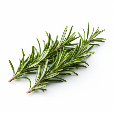 fresh rosemary sprigs are artfully arranged on a pristine white table, showcasing their delicate green leaves and woody stems in stunning high-definition detail, perfect for commercial photography, culinary, and herbalism applications, capturing the essence of this fragrant herb in exceptional 8k resolution. ai generatedの素材