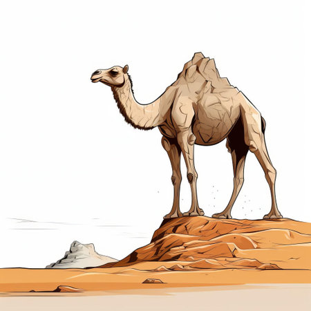 small camel drawing isolated on white background. this detailed comic book art depicts a desolate landscape with dusty piles. the camel is portrayed in a gigantic scale, showcasing the contrast of scale. the color palette consists of beige and amber tones, reminiscent of the les nabis art movement. ai generatedの素材