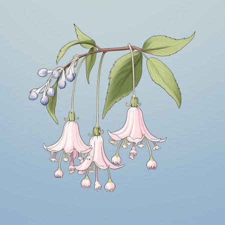 two bluebell flowers are elegantly depicted on a soft pink background, showcasing a blend of light aquamarine and gold hues. the illustration exudes classic japanese simplicity and nature-inspired compositions, reminiscent of thai art and historical illustrations. the hand-drawn details highlight contrasting values, creating a visually striking and harmonious piece. ai generatedの素材