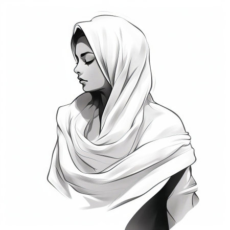 this elegant shawl illustration showcases a simple, yet striking, flat line drawing with minimalistic flair, featuring subtle flat shading, defined outlines, and striking contrast against a crisp white background, creating a visually appealing black and white design. ai generatedの素材