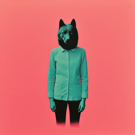 the wolf, majestically illustrated in a minimalist screenprint style, stands proudly in a stunning risograph print, showcasing its powerful full body pose, evoking a sense of wild freedom and mystery, perfect for nature lovers and art enthusiasts alike, featuring bold lines and vibrant colors. ai generatedの素材