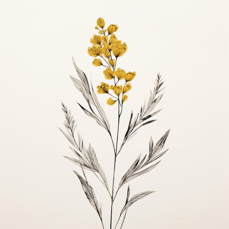 the goldenrod, a perennial wildflower with bright yellow blooms, stands tall on a long stem against a clean white background, showcasing its delicate, intricate details in a stunning monochrome photograph with a simple, linear design that highlights its natural beauty. ai generatedの素材