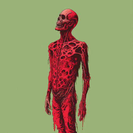 this zombie illustration, rendered in a minimalist style, showcases a full-body depiction of the undead creature in a striking risograph print, perfect for fans of horror and alternative art, featuring bold lines, vibrant colors, and a haunting atmosphere. ai generatedの素材