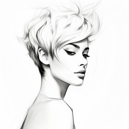 a stunning woman stands confidently against a crisp white background, showcasing her toned physique in a full-body pose, her short hair styled perfectly to accentuate her striking features, creating a captivating visual effect with her continuous line silhouette. ai generatedの素材