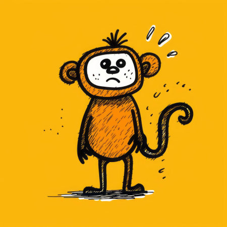 this playful monkey, depicted in a minimalist doodle style reminiscent of a simple comic strip, showcases its quirky personality through its full-body pose, exuding a sense of fun and whimsy, perfect for fans of cartoon characters, illustration art, and humorous design. ai generatedの素材