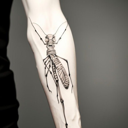 this stick insect tattoo design showcases a unique and intricate illustration of the insect's elongated body and delicate legs, perfect for coloring in black and white, available in a 2:2 aspect ratio for a stunning visual effect, ideal for tattoo enthusiasts and insect lovers alike. ai generatedの素材