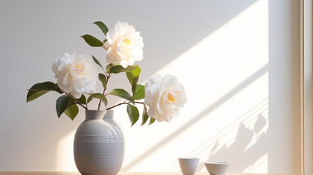 a camellia arrangement in a vase is beautifully captured in this modern and minimalist painting, featuring clean lines, a simple color palette, and soft lighting that highlights the subject's details, evoking a sense of modern portraiture, minimalism, and elegance. ai generatedの素材
