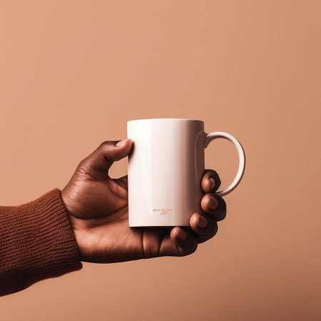 a luxurious hot chocolate mockup sits against a plain gold background, showcasing an empty white label waiting for customization, held by an adult hand, offering a high-detailed, ready-made design perfect for branding, packaging, and advertising coffee and beverage marketing campaigns. ai generatedの素材
