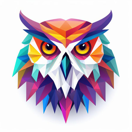 a vibrant and eye-catching vector illustration of an owl head, featuring angular geometry and a realistic color palette. this minimalist graphic design showcases the use of vibrant light and shadow, as well as faceted shapes. the illustration is part of a collection that explores psychological phenomena, making it a captivating addition to any project. ai generatedの素材