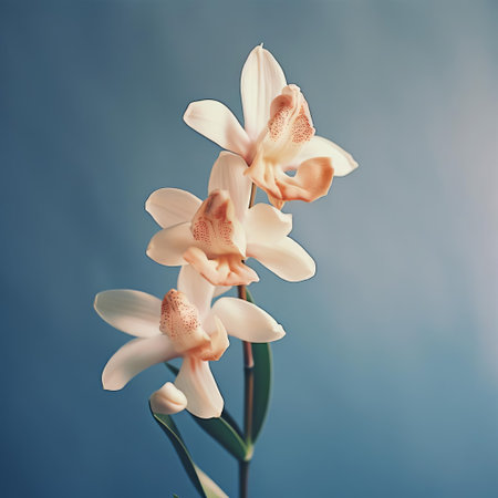 the cymbidium orchid takes center stage in this dreamy, blurry analog photograph, set against a dramatic dark blue wall, evoking a nostalgic film grain and analog vibe, bathed in soft, warm natural evening light, perfect for fans of film photography and botanical beauty. ai generatedの素材