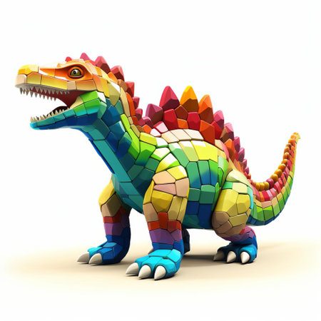 the iguanodon, a majestic prehistoric creature, comes to life in this vibrant 3d 8-bit pixel cartoon, set against a crisp white background, showcasing its distinctive thumb spike and scaly skin, perfect for dinosaur enthusiasts and retro gaming fans alike. ai generatedの素材