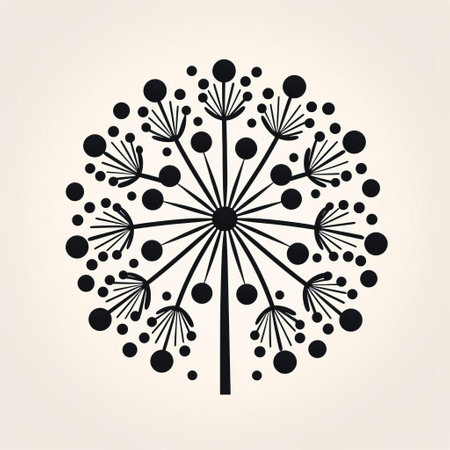 this dandelion, inspired by slavic folk art, boasts an extremely simple and graphic 2d design, featuring straight lines and strategically placed black filled areas, exuding symmetry and a touch of art nouveau flair, set against a crisp white background, perfect for minimalist decor enthusiasts. ai generatedの素材