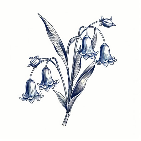 this vintage stamp features a beautiful bluebell flower in a classic line engraving style, showcased on a crisp white background, evoking a sense of nostalgia and simplicity, perfect for collectors of antique prints, philatelists, and enthusiasts of botanical art and illustration. ai generatedの素材