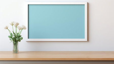 the modern azure frame sits elegantly on a rustic wooden table, exuding a sense of serenity and sophistication, perfect for showcasing cherished memories or adding a touch of calm to any room's decor, blending seamlessly with a variety of interior design styles. ai generatedの素材