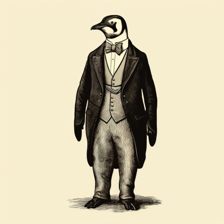 a vintage-style sepia-toned illustration featuring a full-body portrait of a penguin wearing a charming bow tie. this golden age-inspired artwork showcases the elegance and satirical nature of the monochromatic avian illustration, capturing the lifelike details of the penguin's appearance. ai generatedの素材