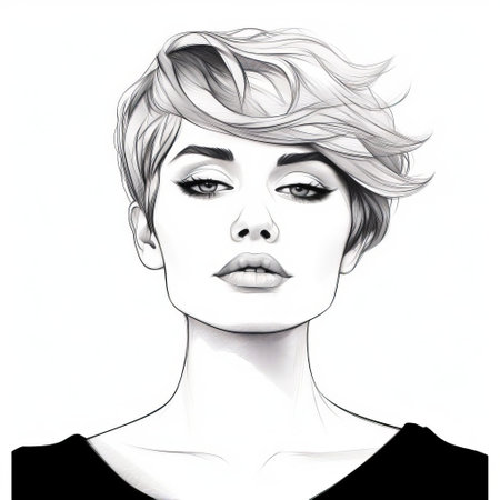 a stunning woman stands confidently against a pristine white background, her short hair framing her beautiful facial features, as her entire full body is elegantly outlined in continuous line, showcasing her slender figure and feminine charm in a minimalist yet striking portrait. ai generatedの素材