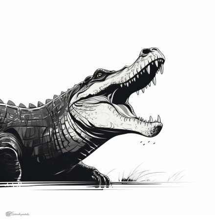 a crocodile, turned sideways, gazes upwards with an endearing expression, as if asking for food, set against a clean white background, showcasing a striking contrast with its black scales, in a stunning example of minimalistic vector art, perfect for modern designs. ai generatedの素材