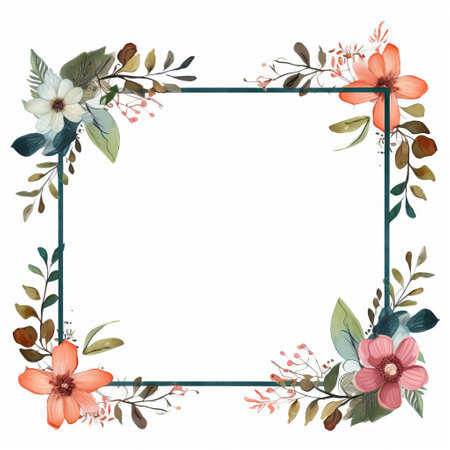 square floral frame for image, free with leaves vector. price: one credit, usd 1. style: light orange and dark aquamarine. features dreamy watercolor florals in dark brown and pink, with goa-inspired motifs. created by lucy glendinning, the frame also includes light navy and light emerald accents. a beautiful design reminiscent of the works of fernando amorsolo. ai generatedの素材