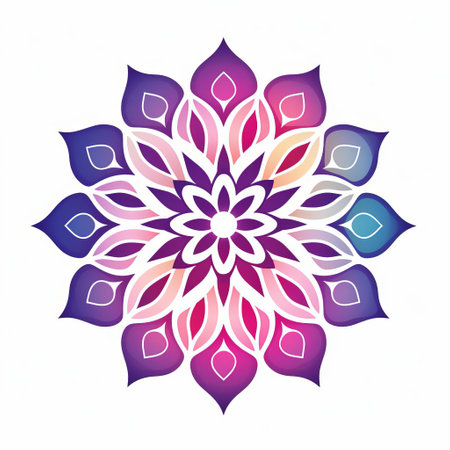 the mandala, an intricately designed flower icon, stands out against a clean and minimalistic white background, showcasing its delicate patterns and symmetrical beauty, perfect for use in meditation, yoga, and spiritual practices, or as a decorative element in modern design and art. ai generatedの素材