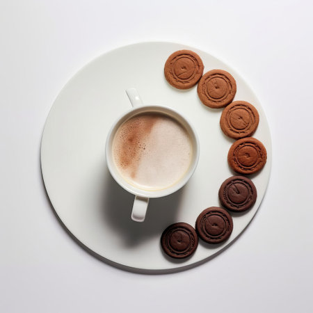 five moon pies, arranged in an uneven row, sit alongside a steaming cup of coffee, creating a warm and inviting atmosphere, captured from a top view against a clean and minimalist white background, evoking feelings of comfort and indulgence, perfect for coffee breaks and sweet treats. ai generatedの素材