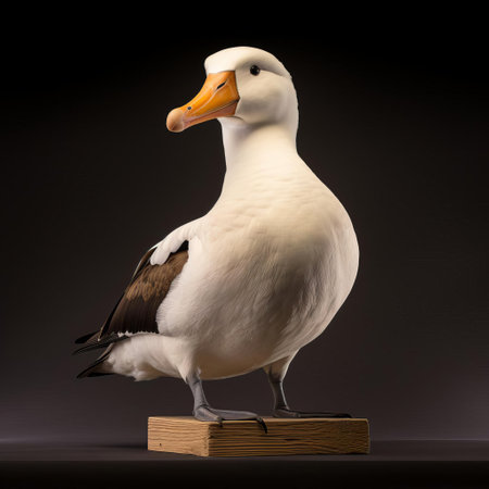 the black-browed albatross, a majestic seabird, sits regally on a pristine white background, evoking the style of ambrosius bosschaert, as the warm, golden hues of late afternoon sunlight dance across its feathers, showcasing its striking plumage in a stunning, wide-angle, full-body portrait. ai generatedの素材