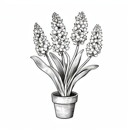hyacinth pot draughtsmen illustration isolated on a white background, featuring tattoo-inspired, monochrome interiors. the artwork showcases natural symbolism, massurrealism, and elements of hannah flowers and felinecore. the hand-coloring technique adds depth and vibrancy to the image. ai generatedの素材