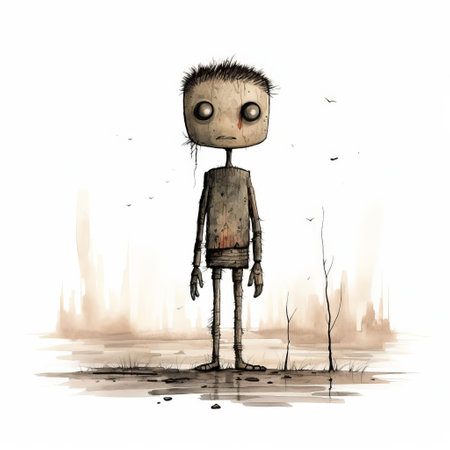 this eerie zombie, crafted by renowned artist jon klassen, stands alone in a stark, background-free environment, showcasing its gruesome, undead features in vivid detail, from tattered clothing to decaying flesh, evoking a sense of apocalyptic horror and dark fantasy. ai generatedの素材