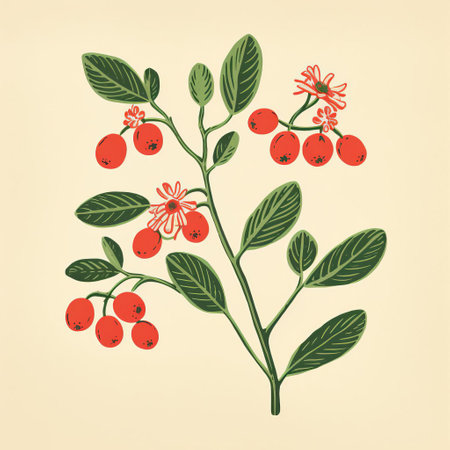 the lingonberry, a scandinavian staple, takes center stage in this minimal screenprint illustration, beautifully rendered in a vibrant risograph print, showcasing the fruit's intricate details and bold colors, perfect for nature lovers and design enthusiasts alike. ai generatedの素材