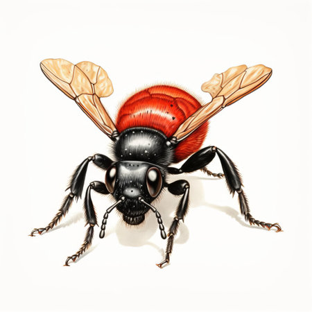 the velvet ant, a type of wasp, is beautifully depicted in this vintage-style illustration on a crisp white background, showcasing its distinctive red and black body, delicate wings, and slender antennae, evoking a sense of nostalgia and classic entomological art. ai generatedの素材