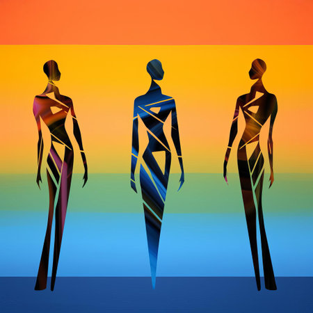 three silhouettes of laura, crafted in a cartoonish abstraction style, stand next to each other, evoking a sense of playful digital expressionism, reminiscent of figurative sculptures with smooth lines and bright colors, blending mommy's on-the-phonecore aesthetic with rivolous and ultrafine details, reminiscent of vector art. ai generatedの素材