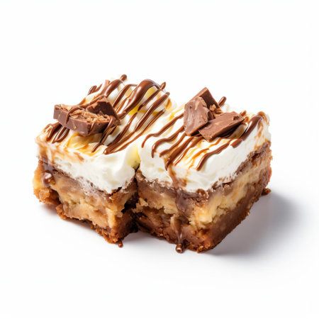 rich banoffee pie brownies, freshly baked and indulgently decorated with caramelized bananas, toasted nuts, and a sprinkle of sea salt, sit isolated on a pristine white background, showcasing their decadent texture and irresistible aroma in stunning 8k resolution. ai generatedの素材