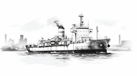 the tanker icon, depicted in a stunning ink etching style on a crisp white background, showcases a sleek and modern design, perfect for representing oil transportation, maritime industry, or logistics companies, evoking a sense of strength and reliability in the field of shipping and cargo. ai generatedの素材