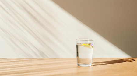 a refreshing glass of seltzer water sits elegantly on a minimalist table setting, capturing the viewer's attention with its varied angle and subtle reflections, evoking a sense of simplicity and modernity, perfect for those who appreciate clean design and a touch of sophistication in their everyday lives. ai generatedの素材