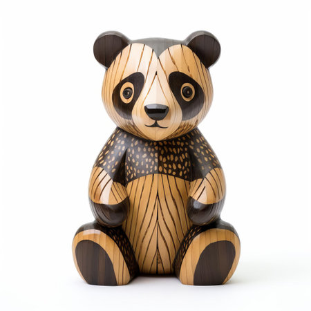 this adorable handmade wood panda, crafted with precision and care, sits proudly on a crisp white background, showcasing its intricately carved full body, highlighting the artisan's skill in woodworking, perfect for nature lovers and panda enthusiasts alike, adding a touch of rustic charm to any room's decor. ai generatedの素材