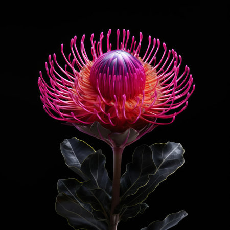 the iceplant, with its delicate, fleshy leaves and stems, stands majestically against a dramatic black background, evoking the organic architecture of martin puryear and the whimsical illustrations of cicely mary barker, while incorporating native brazilian motifs and showcasing its elegant, curved lines in a stunning high-contrast shot. ai generatedの素材