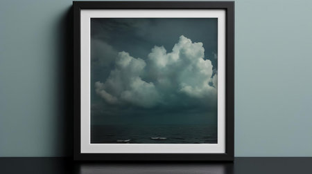 the frame buffer mockup, set against a dramatic stormy background, showcases a sleek and modern 7x5 frame size design, exuding a sense of sophistication and elegance, perfect for displaying digital art, graphics, or photography, while the stormy atmosphere adds a touch of drama and intensity. ai generatedの素材