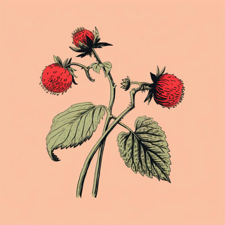 salmonberry, a vibrant and delicate fruit, is beautifully showcased in this minimal screenprint illustration, presented as a stunning risograph print, perfect for nature lovers and art enthusiasts, featuring soft pink hues and organic textures, evoking a sense of whimsy and elegance. ai generatedの素材